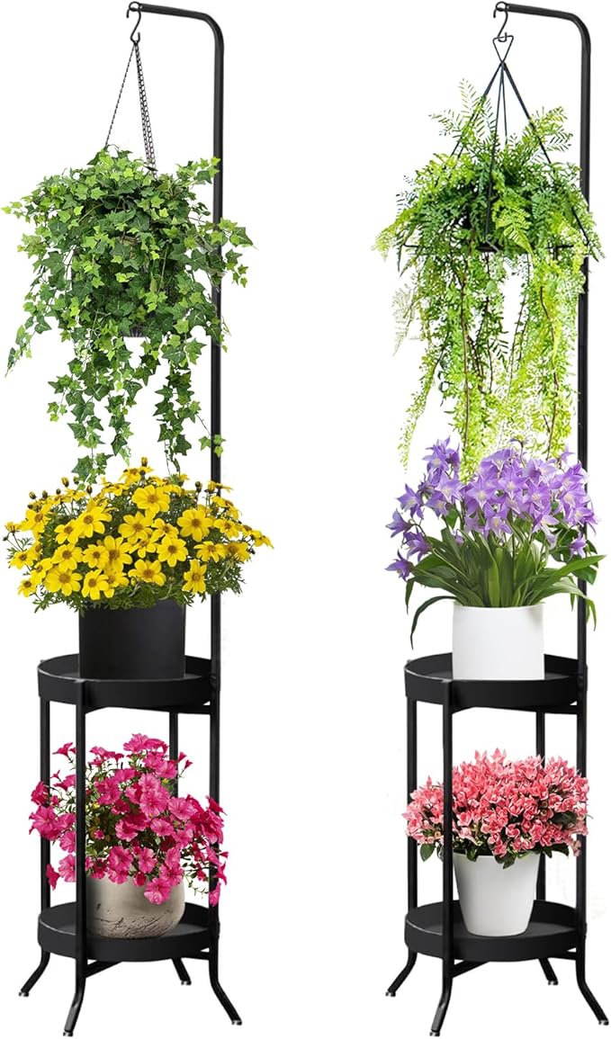 2Pcs Hanging Plant Stand Indoor Outdoor, Space-Saving Corner Metal Plant Shelf by RINBOU