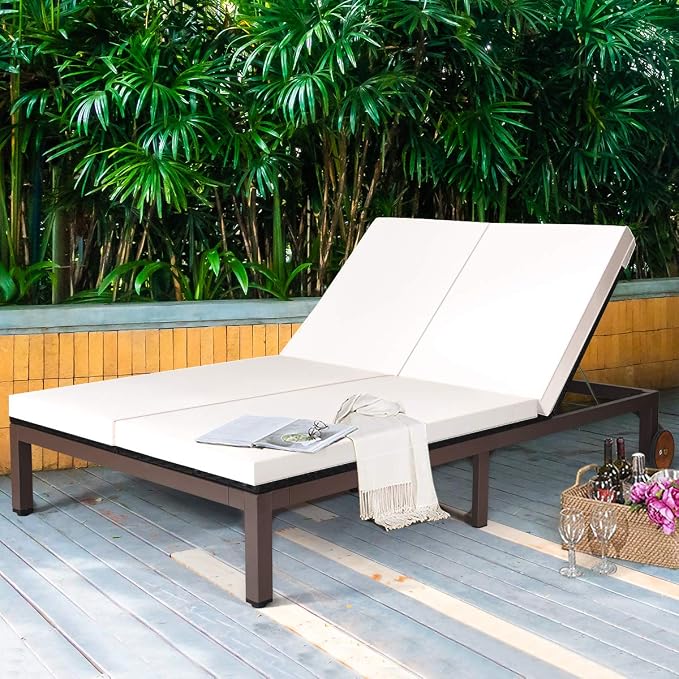 COSTWAY 2-Person Patio Rattan Lounge Chair Chaise Recliner Adjustable Cushion - Image 3