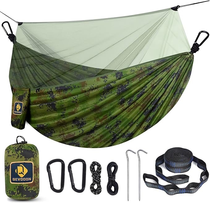 Camping Hammock with Net, Travel Portable Lightweight Hammocks with Tree Straps by QEVOOON