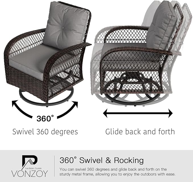 3 Pieces Patio Furniture Set, Outdoor Swivel Glider Rocker, Wicker Patio Bistro - Image 3