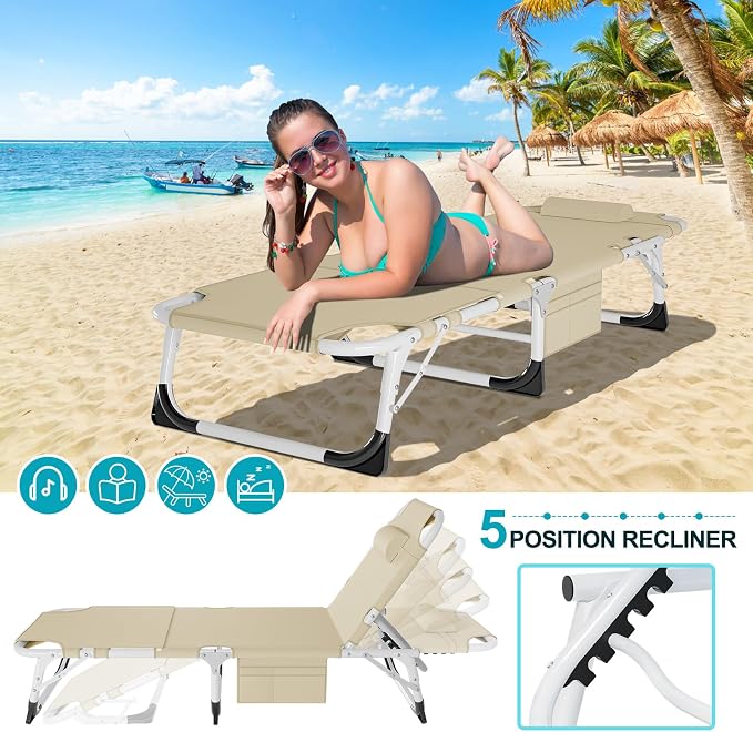 ABORON Oversized Folding Sun Tanning Chair, 3 in 1 5-Position Adjustable - Image 4
