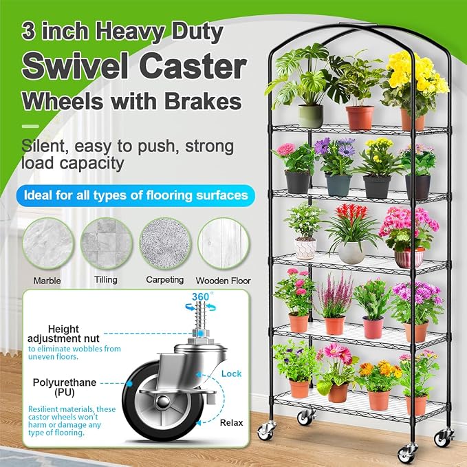 Abimars 5-Tier Greenhouse with Caster Wheel, Each Shelf Height Adjustable Metal - Image 4
