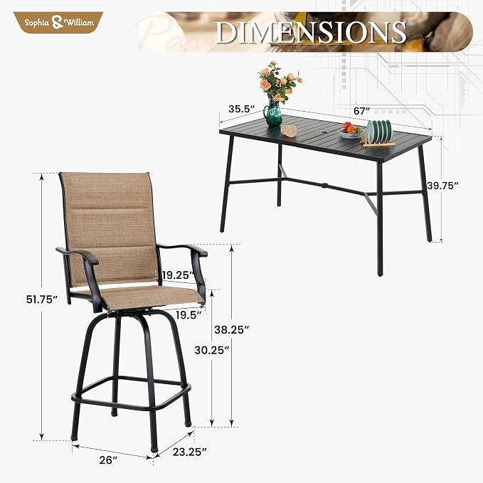 Sophia & William Outdoor Bar Set, Patio Bar Table and Chairs Set, Bar Height - Image 6
