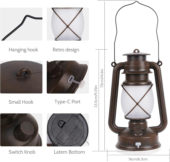 2 Pack Vintage Lantern Flickering Flame Rechargeable LED Retro Camping Lights 4 - Image 5