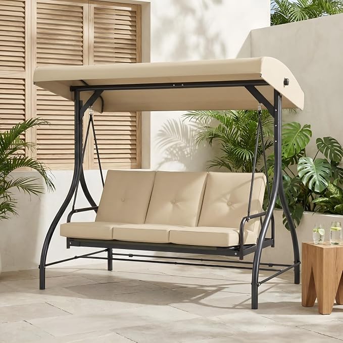MAMIZO 3-Seat Patio Swing with Adjustable Canopy & Backrest, Outdoor Porch by MAMIZO