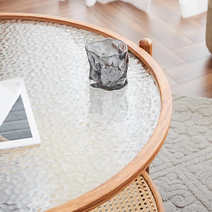 VINGLI 30" Rattan Coffee Table, Round Water-Wave Glass Metal Center Table - Image 8