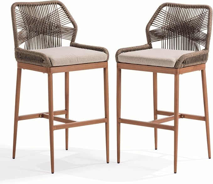 IDZO Boho Rope Bar Stools Set of 2, 400lbs Capacity, Cushions & Ergonomic by Idzo