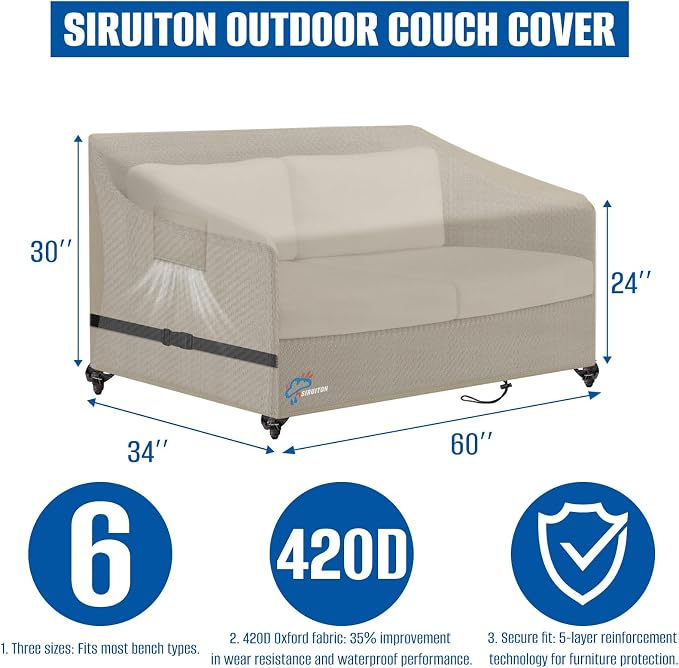 SIRUITON 2-Seat Garden Patio Sofa/Loveseat/Bench Cover 60" W x 34" D x 30" H - Image 2