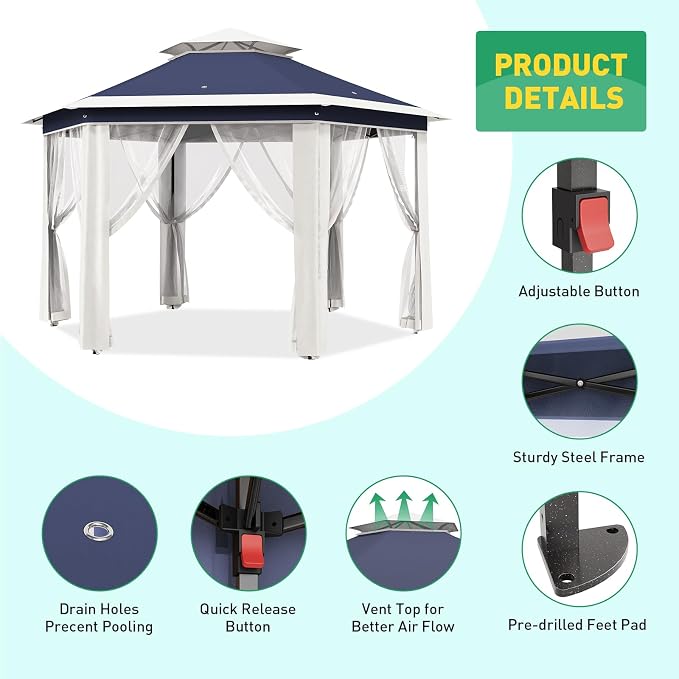 13' x 13' Pop-Up Gazebo, Hexagonal Canopy Shelter - Image 5