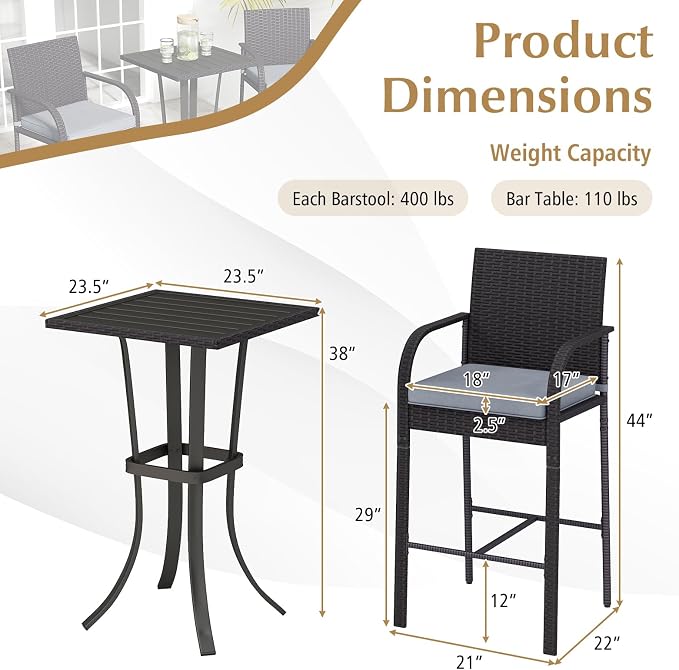 Tangkula 3 Piece Patio Wicker Bar Set, Outdoor Rattan Counter Height Cushioned - Image 9