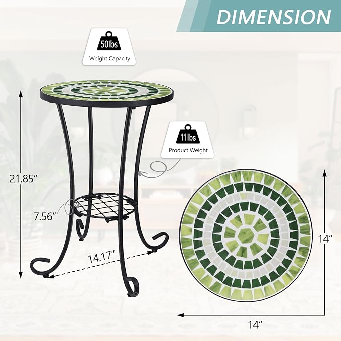 VCUTEKA Outdoor Side Table Mosaic Patio Table Accent Tables Mosaic Tile Top - Image 3
