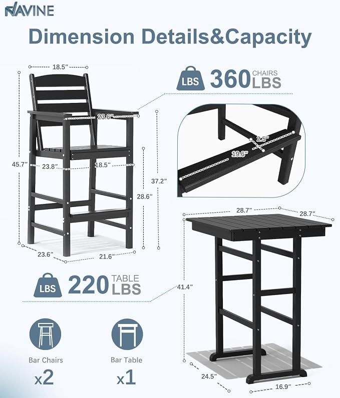 3-Piece Adirondack Bar Table and Chair Set, HDPE All-Weather Bar Height Chairs - Image 2