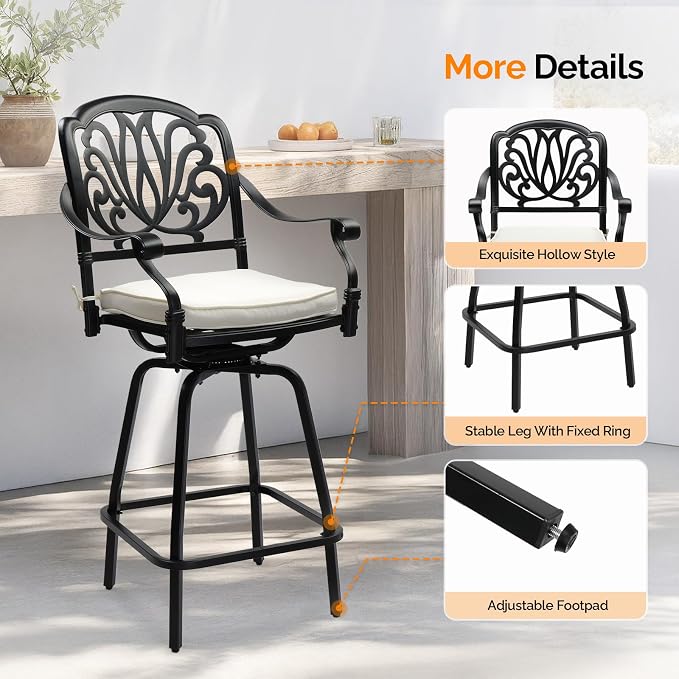 VINGLI Outdoor Swivel Bar Stools Set of 2, Cast Aluminum Patio Bar Height Chairs - Image 4