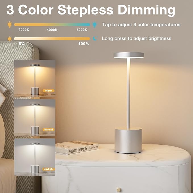 Kakanuo Silver Gray Cordless Lamp Set, Rechargeable Lamp, 3 Color Temperature - Image 5
