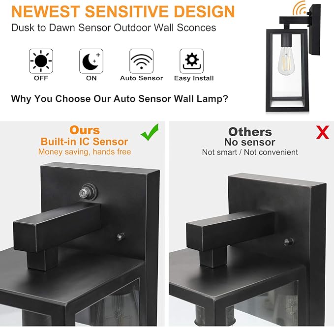 SHINE HAI Dusk to Dawn Sensor Outdoor Wall Sconce, Exterior Porch Lantern - Image 3