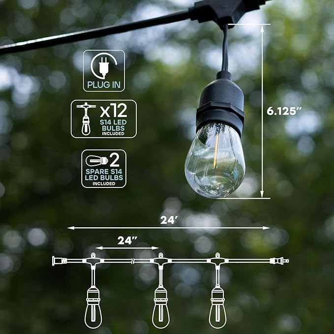 LUXRITE 24FT LED Outdoor String Lights, Commercial Grade Waterproof, 12 Edison - Image 5