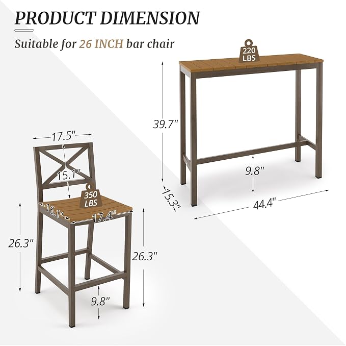 Outdoor Bar Height Table and Chairs Set, 3 Piece Patio Pub Bar Set - Image 3
