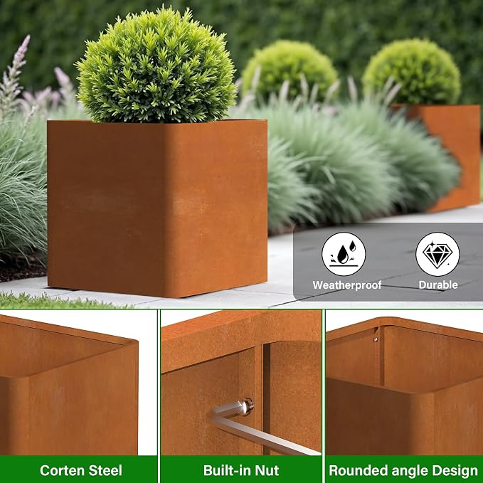 Corten Steel Planter Box 20" L x 20" W x 20" H, Large Metal Square Planter - Image 4