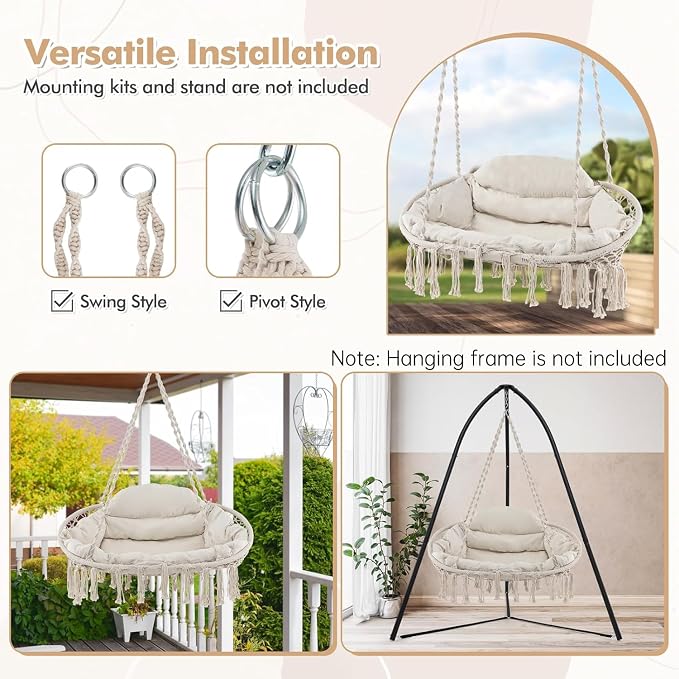 Tangkula 2-Person Hanging Hammock Chair, Boho Style Macrame Hammock Swing - Image 6