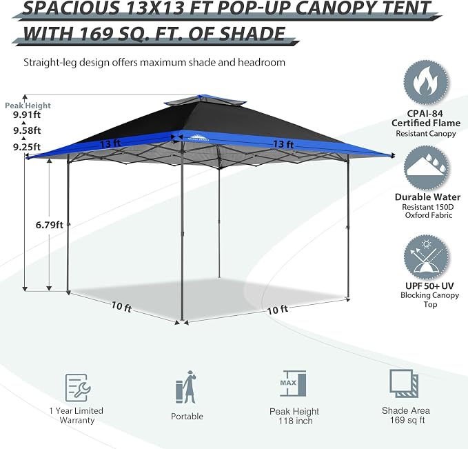 EAGLE PEAK 13x13 Straight Leg Pop Up Canopy Tent Instant Outdoor Canopy Easy - Image 3