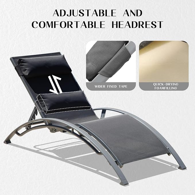Domi Pool Lounge Chairs Set of 3, Adjustable Aluminum Outdoor Chaise Lounge - Image 4