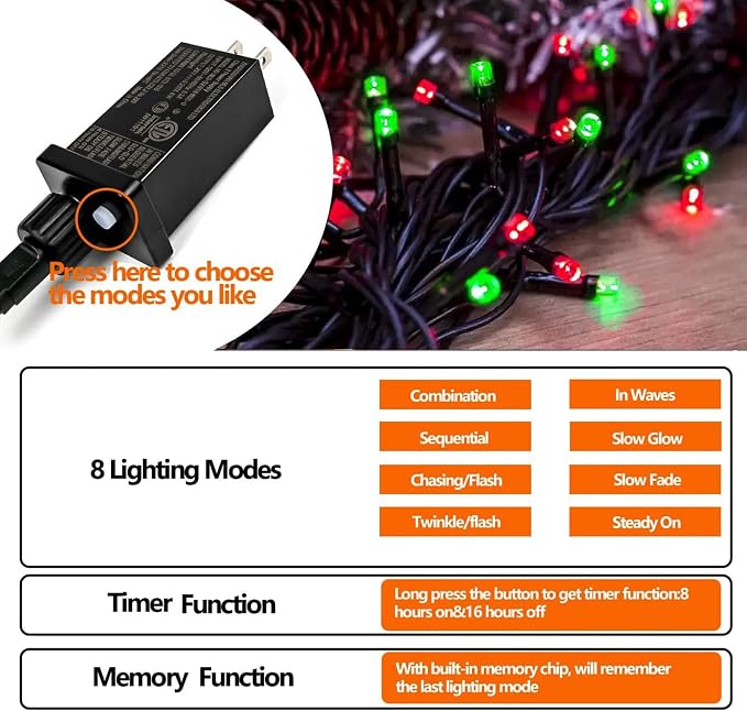 75.8 FT 200 LED Red and Green Christmas Lights Indoor Outdoor, Timer & Memory - Image 7