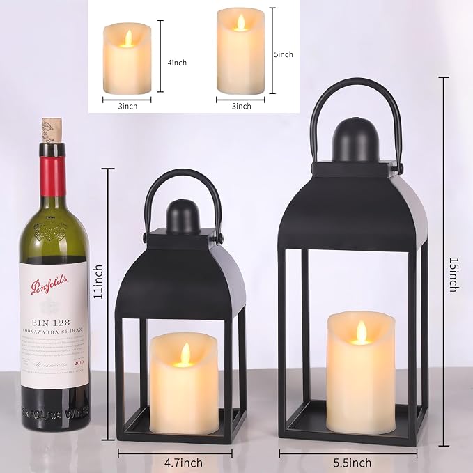 Lanterns Decorative Indoor Outdoor 15" 11" Set of 2 Lantern Decor Black Metal - Image 2