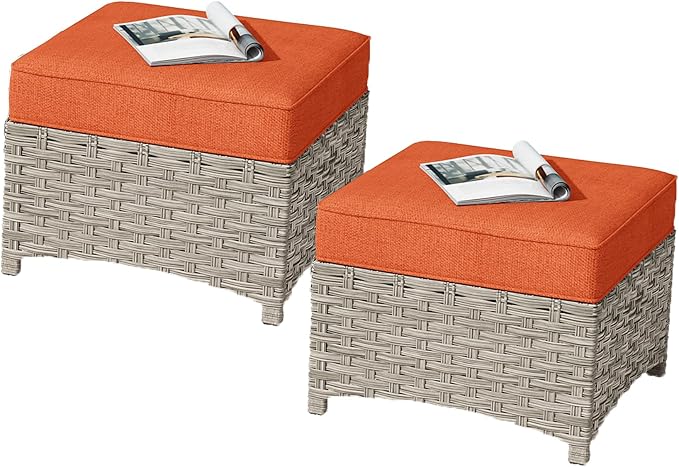 HOOOWOOO 2 Piece Patio Ottoman Set, Outdoor Wicker Ottomans, All Weather by DesignforBetterLife