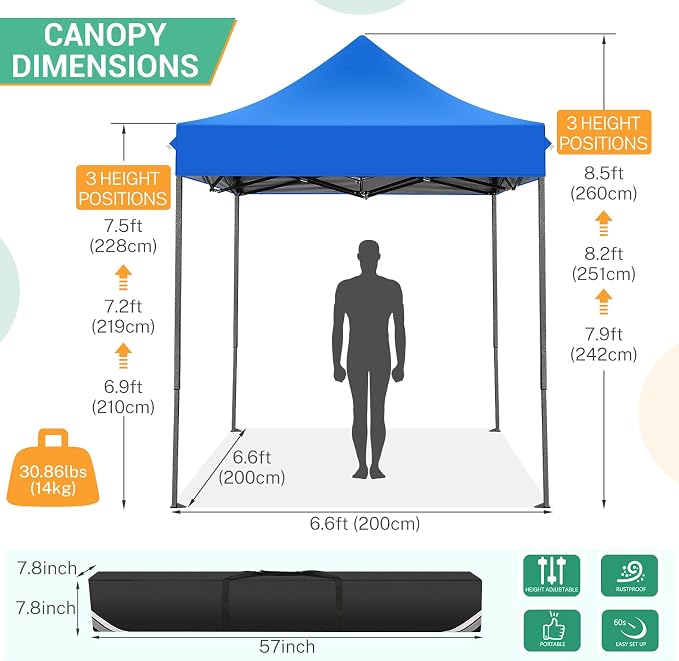 COBIZI 6.6x6.6 Pop up Canopy Tent Heavy Duty Without Sidewalls, Easy Set-up - Image 2