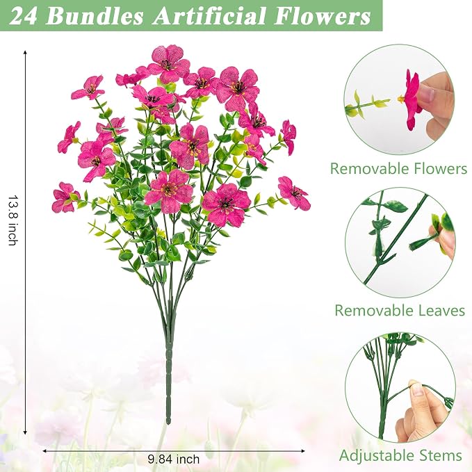 Bassion Artificial Flowers for Outdoors, 24 Bundles UV Resistant Fake Flowers - Image 3
