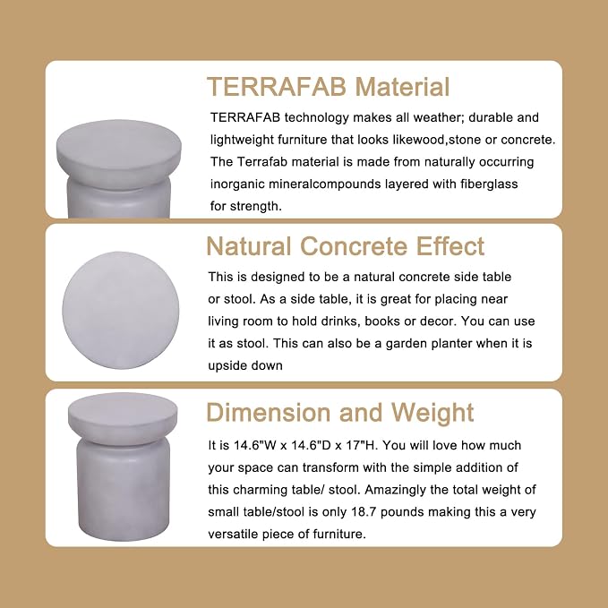 Afterglow Terrafab Concrete Look Side Table End Table Natural Decorative Garden - Image 6