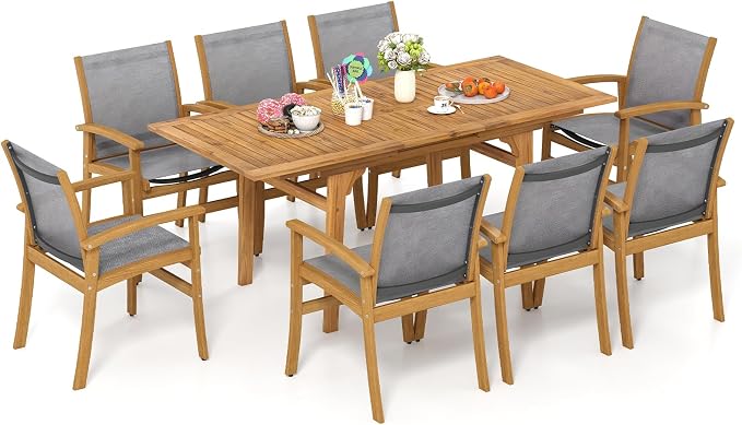 Tangkula 9 Pieces Acacia Wood Patio Dining Set by TANGKULA