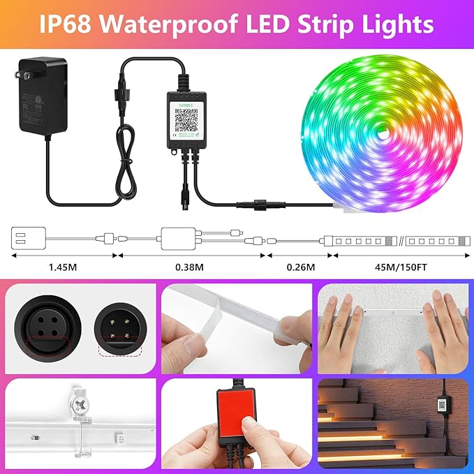 150Ft Outdoor LED Strip Lights, IP68 Waterproof Color Changing RGB LED Light - Image 2