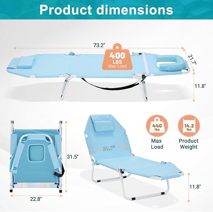 MOPHOTO Beach Tanning Chair, 5-Position Tanning Chair - Image 3