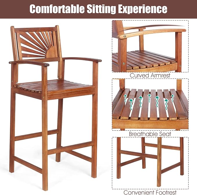 COSTWAY Bar Stools Set of 2, Outdoor Acacia Wood Bar Chairs - Image 7