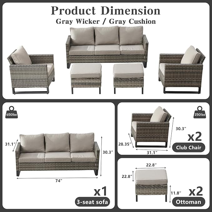 Belord Wicker Patio Furniture 5 Piece Outdoor Sofa Set, Oversize Outdoor Dining - Image 2