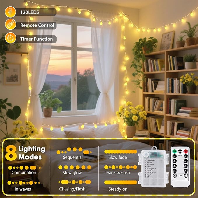 2 Pack Battery Operated String Lights - 52FT 120 LED Globe Fairy Lights - Image 5