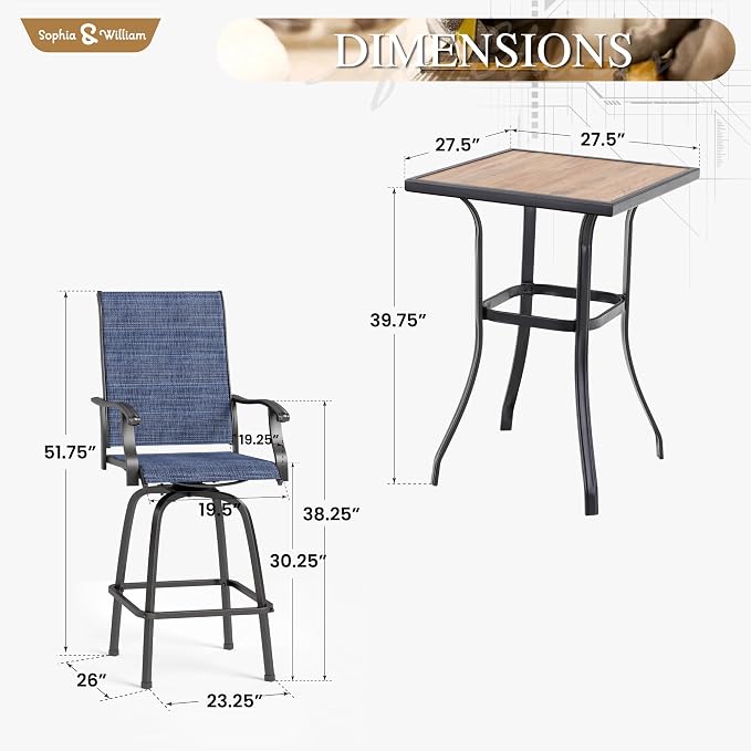 Sophia & William Outdoor Bar Set, Patio Bar Table and Chairs Set, Bar Height - Image 7