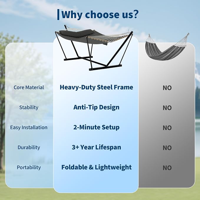 2 Person Double Hammock with Adjustable Steel Stand & Pillow, Heavy Duty - Image 6
