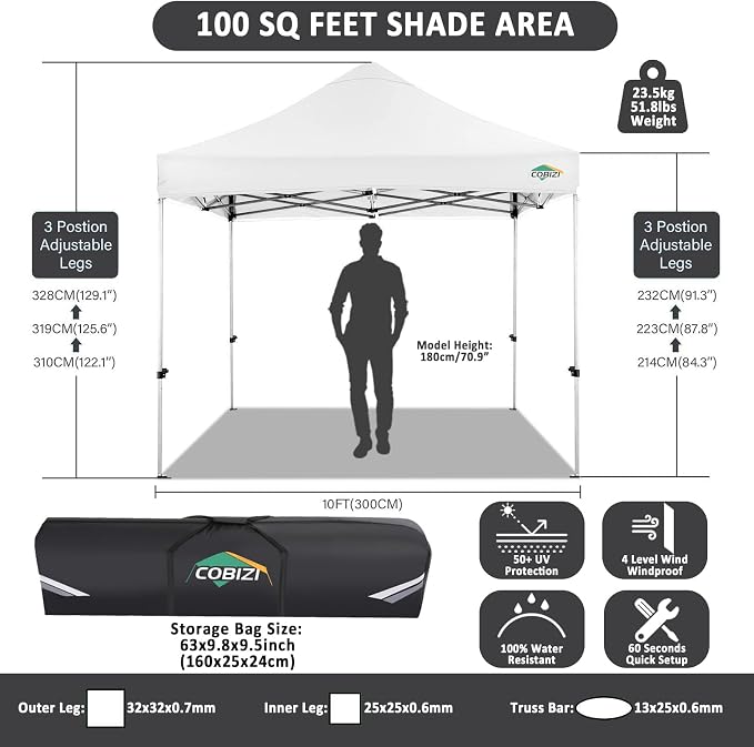 COBIZI 10x10 Pop Up Canopy Without Sidewall, Heavy Duty Canopy UPF 50+ All - Image 4