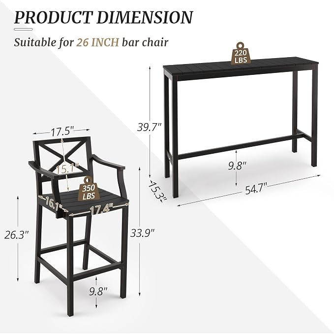 Outdoor Bar Height Table and Chairs Set, 3 Piece Black Top and Bronze Leg Patio - Image 3