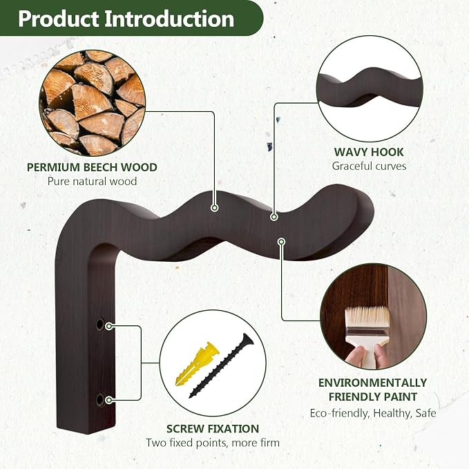 Wavy Plant Hanger Hooks – 2 Pack Rustic Wooden Wall Mounts - Image 5
