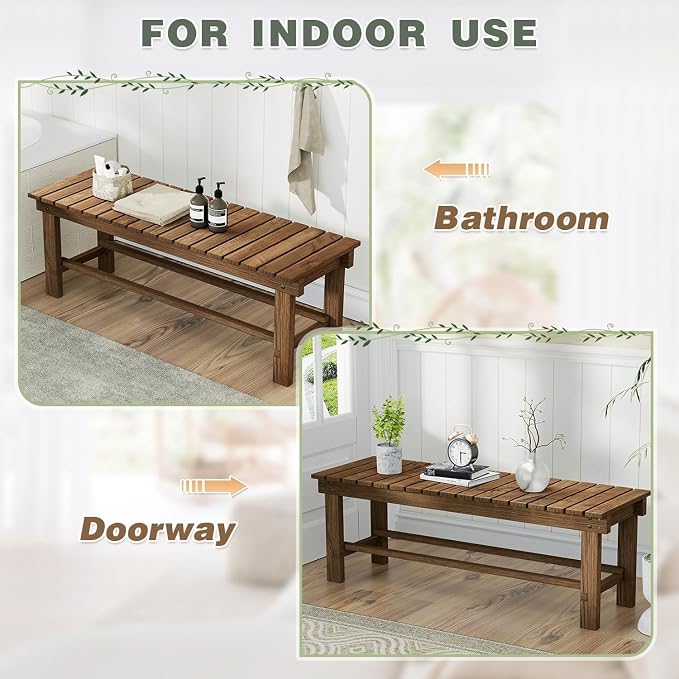 Outdoor Garden Bench, 2-Person Wood Patio Bench Weatherproof Outdoor Backless - Image 7