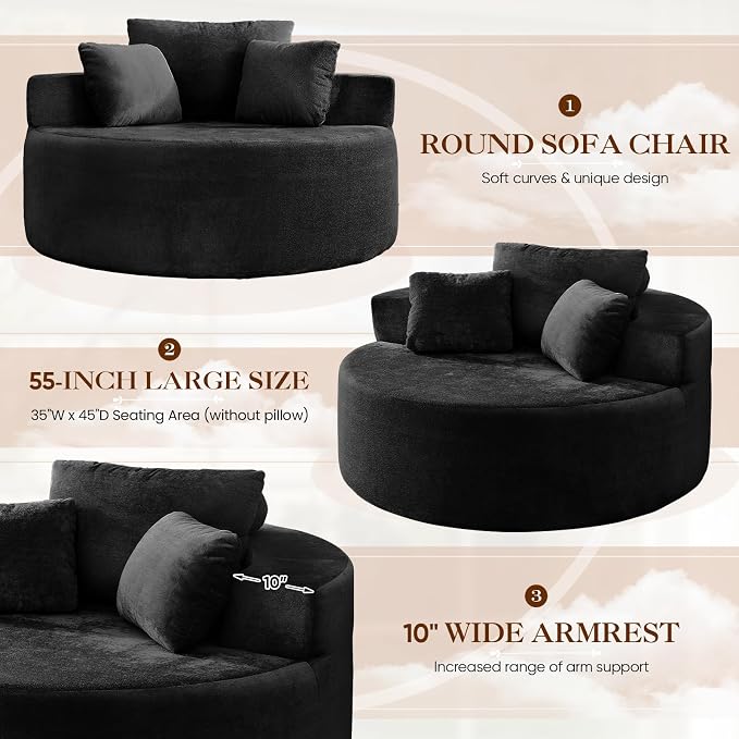 Antetek Oversized Round Chaise Longue Chair Indoor, Modern 55-inch Upholstered - Image 5