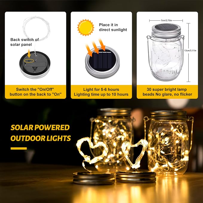 HXWEIYE 8 Pack Solar Mason Jar Lights Lanterns, Jars & Hangers Included，30LED - Image 6