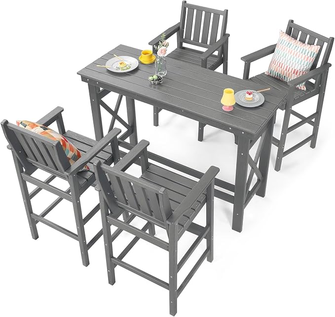 5-Piece HDPE Patio Bar Set, Rectangular Bar Height Table and 4 Adirondack Bar - Image 9