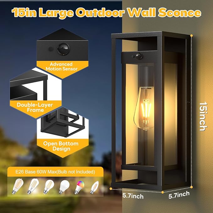 15in Motion Sensor Outdoor Wall Sconce-Black Modern Exterior Lighting Fixture - Image 5