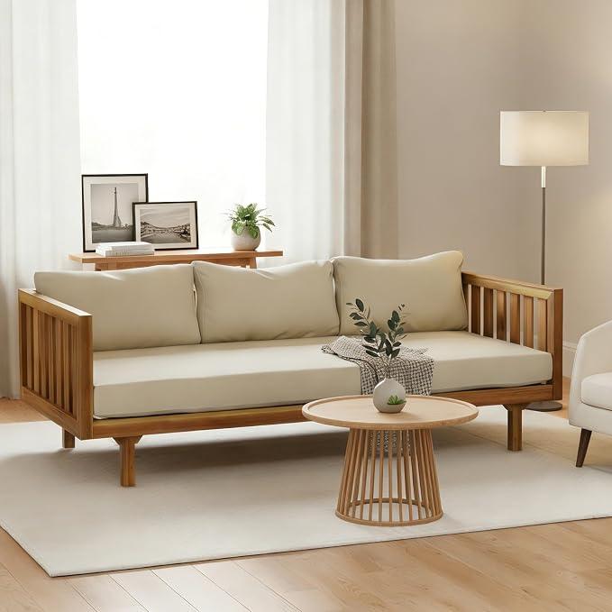 Merax Solid Acacia Wood Couch Chaise Lounge Chair Indoor, 3 Seater Daybed Sofa by Merax