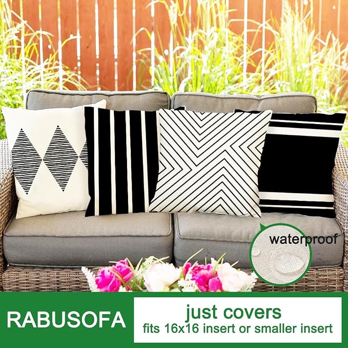 RABUSOFA Outdoor Pillows Waterproof, 16x16 inch Black and White Boho Set of 4 - Image 3