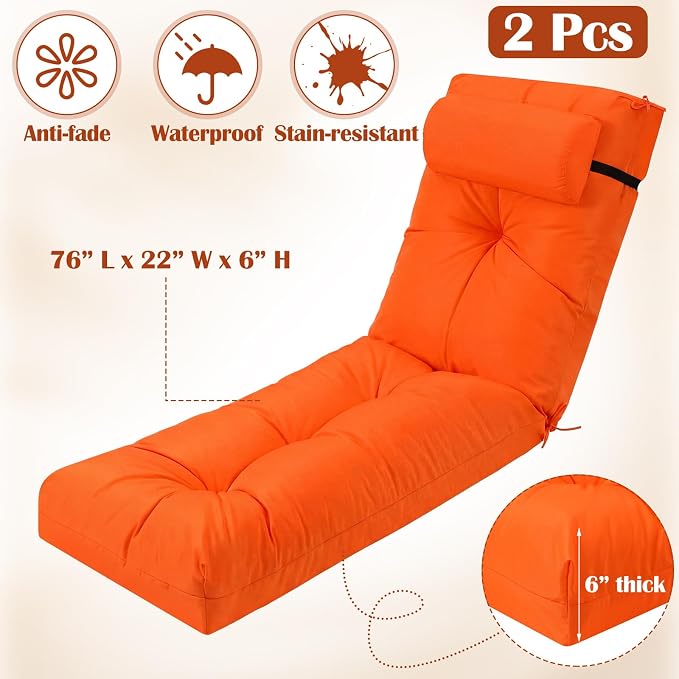 Wenqik Set of 2 Outdoor Chaise Lounge Cushions 76 x 22 x 6 Inch Waterproof - Image 2